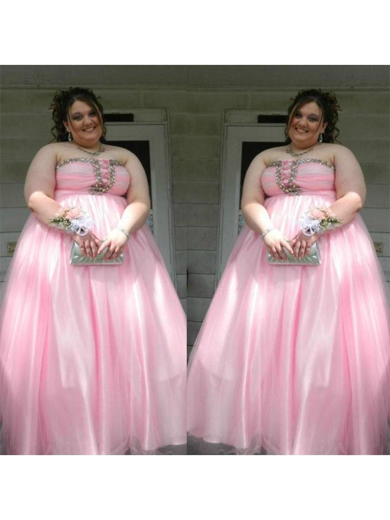A-Line Strapless Sleeveless With Beading Floor-Length Satin Plus Size Prom Dress