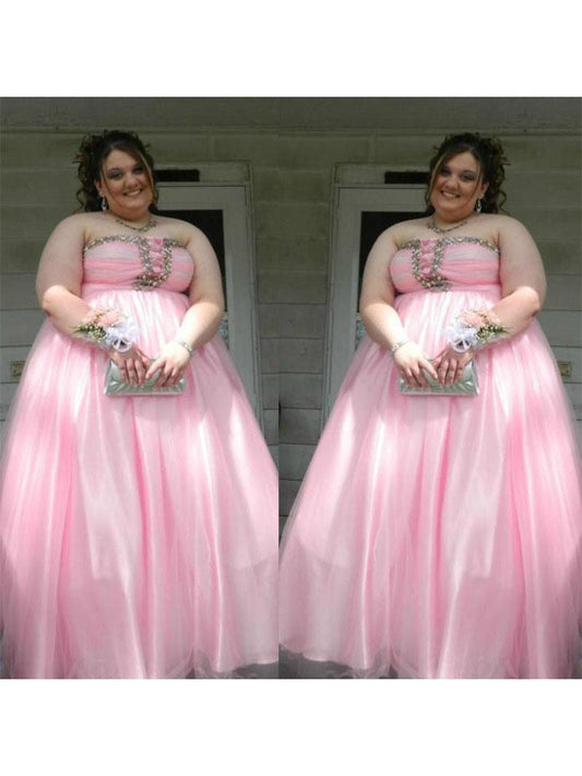 A-Line Strapless Sleeveless With Beading Floor-Length Satin Plus Size Prom Dress