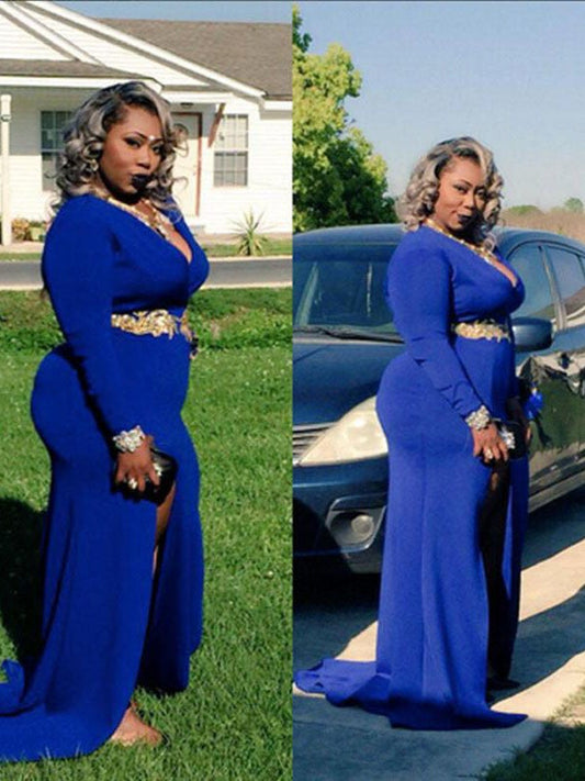 Sheath V-neck Long Sleeves With Beading Sweep/Brush Train Jersey Plus Size Prom Dress