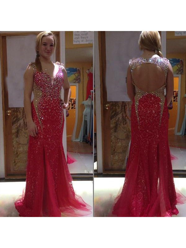 Mermaid V-neck Sleeveless With Beading Sweep/Brush Train Tulle Plus Size Prom Dress