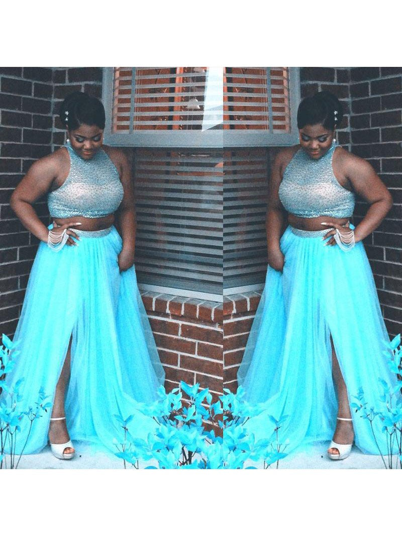 A-Line High Neck Sleeveless With Beading Sweep/Brush Train Tulle Plus Size Prom Dress