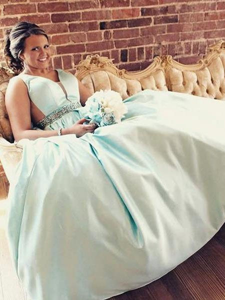 A-Line Straps Sleeveless With Beading Sweep/Brush Train Satin Plus Size Prom Dress