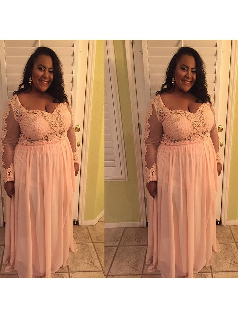 A-Line Sweetheart Long Sleeves With Applique Floor-Length Chiffon Plus Size Prom Dress