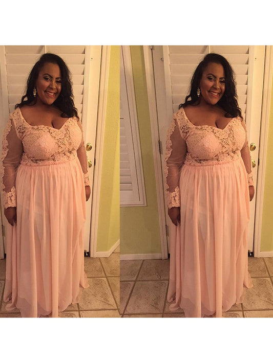 A-Line Sweetheart Long Sleeves With Applique Floor-Length Chiffon Plus Size Prom Dress
