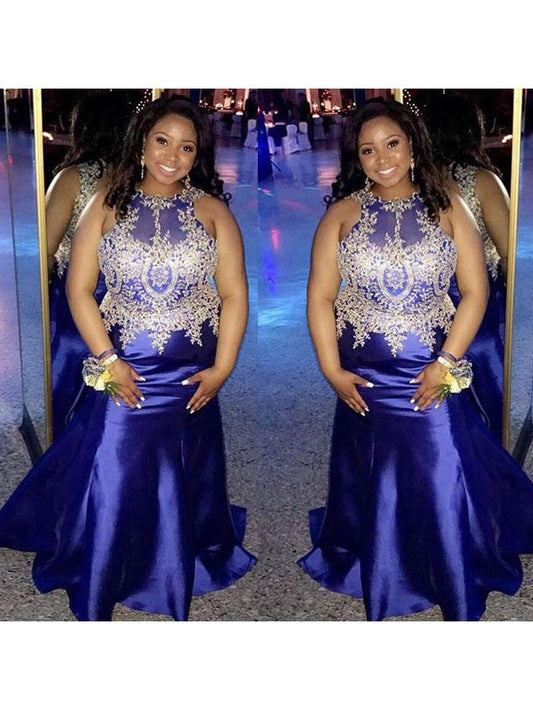 Sheath Sheer Neck Sleeveless With Applique Sweep/Brush Train Elastic Woven Satin Plus Size Prom Dress