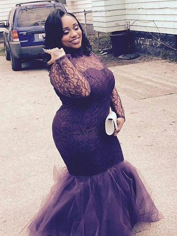 Mermaid High Neck Long Sleeves With Lace Floor-Length Tulle Plus Size Prom Dress