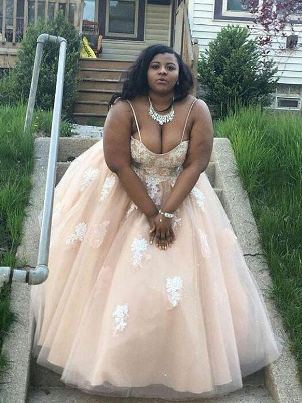 Ball Gown Spaghetti Straps Sleeveless With Applique Floor-Length Tulle Plus Size Prom Dress
