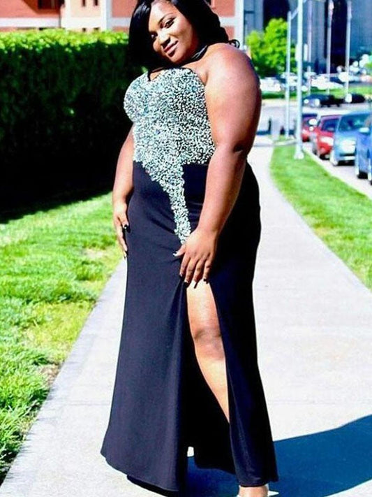 Sheath Sweetheart Sleeveless With Beading Floor-Length Satin Plus Size Prom Dress