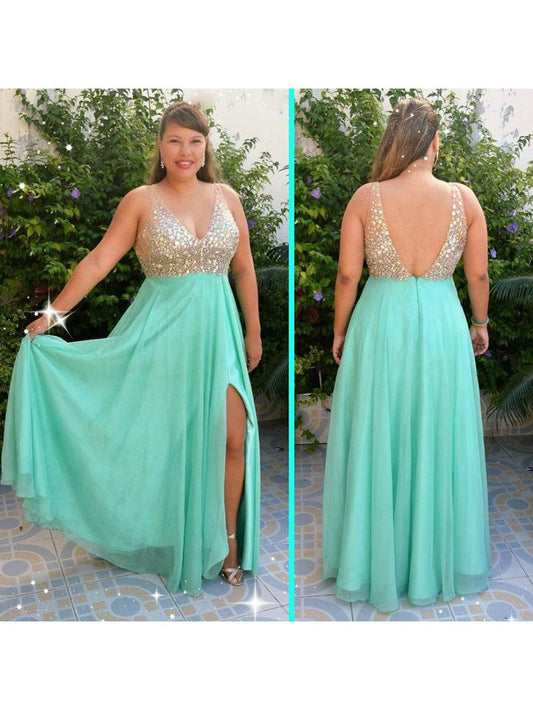 A-Line V-neck Sleeveless With Beading Floor-Length Chiffon Plus Size Prom Dress
