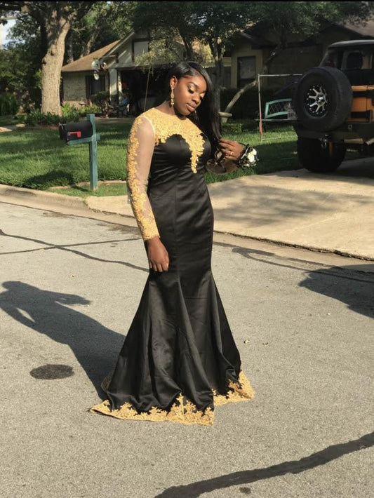 Mermaid Scoop Long Sleeves With Applique Floor-Length Satin Plus Size Prom Dress