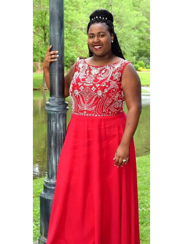 A-Line Scoop Sleeveless With Beading Floor-Length Chiffon Plus Size Prom Dress