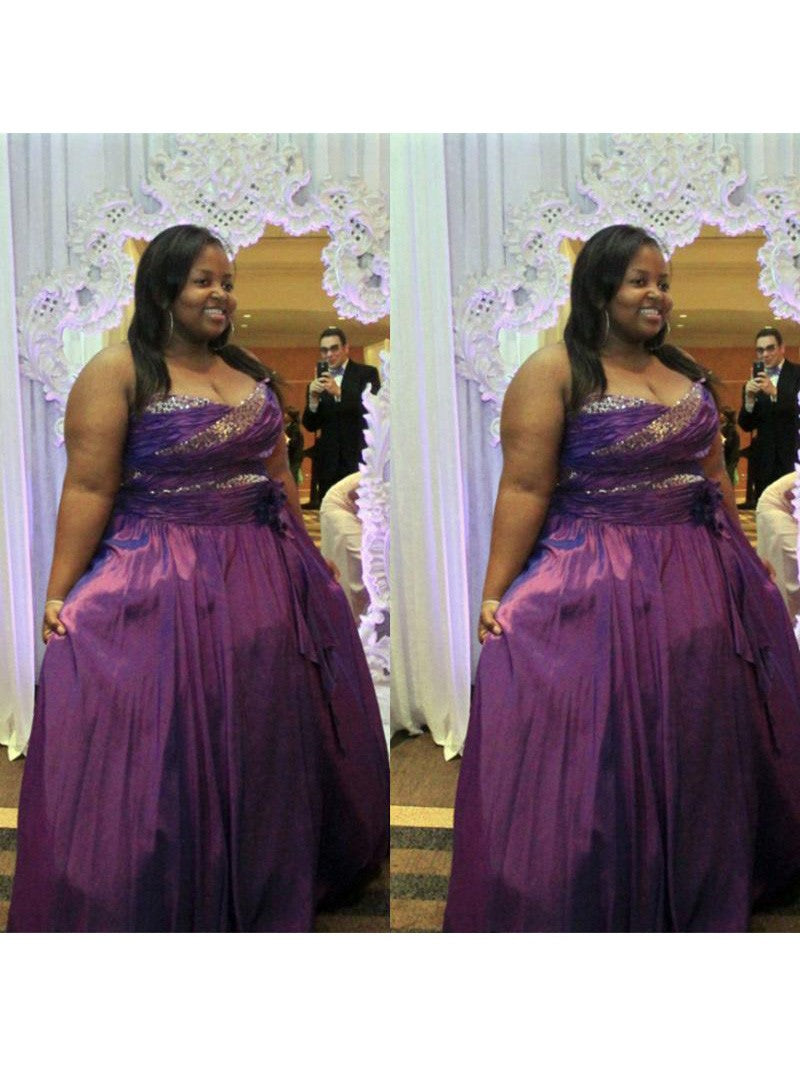 A-Line Sweetheart Sleeveless With Beading Floor-Length Satin Plus Size Prom Dress