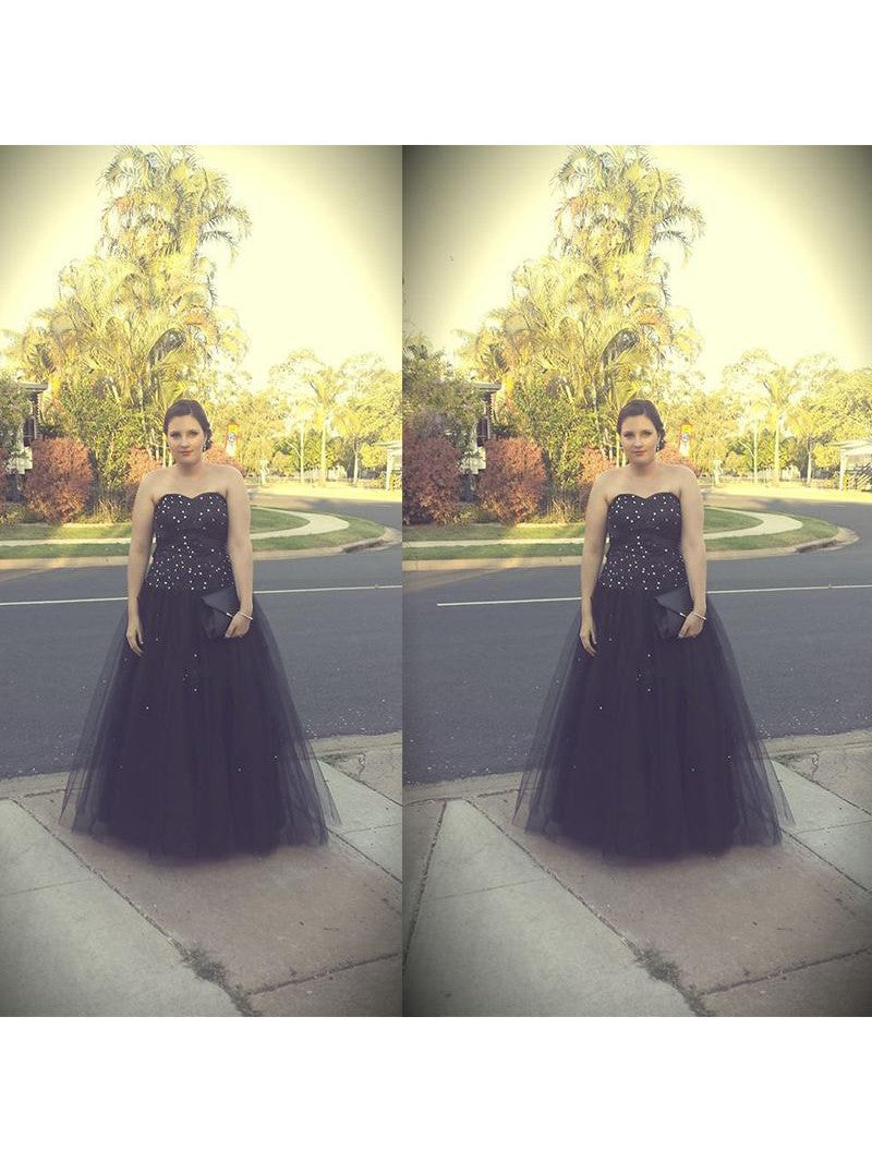 Ball Gown Sweetheart Sleeveless With Beading Floor-Length Tulle Plus Size Prom Dress