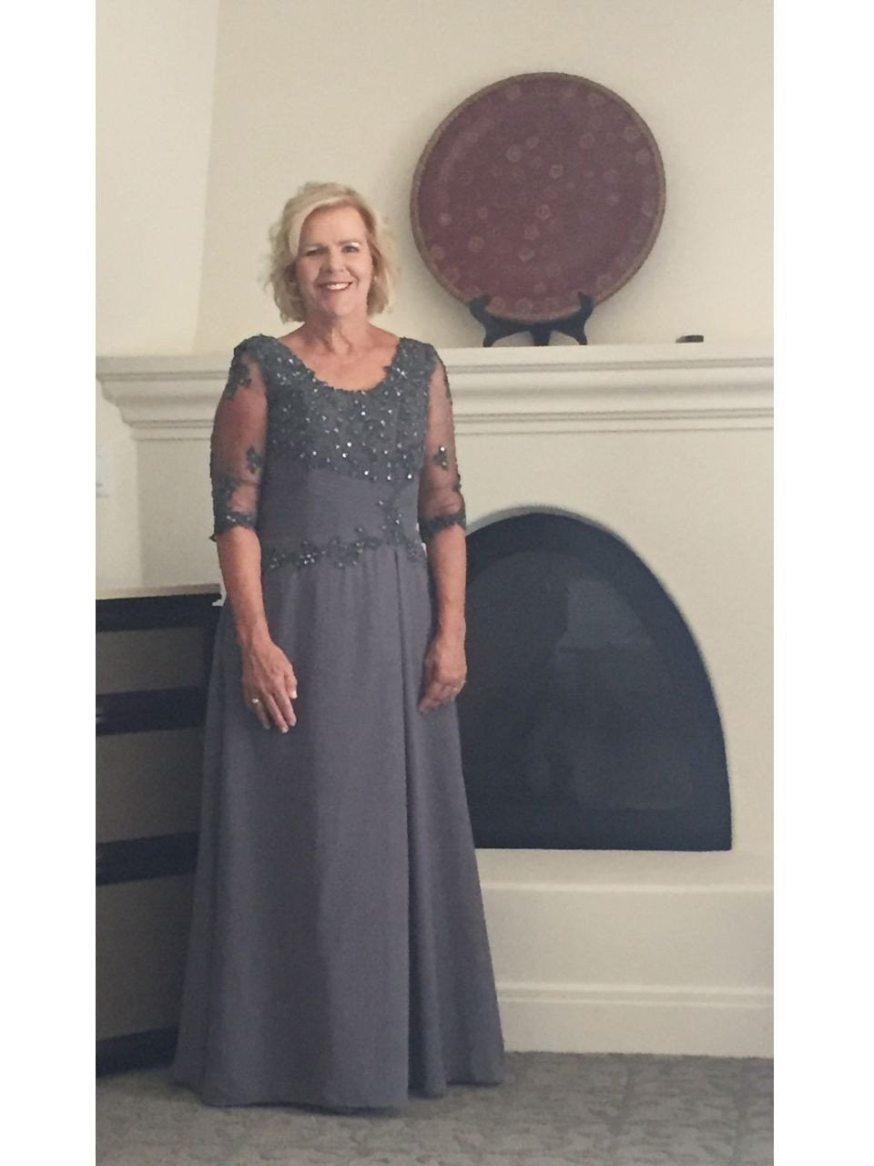 A-Line Scoop 1/2 Sleeves With Applique Floor-Length Chiffon Mother of the Bride Dress