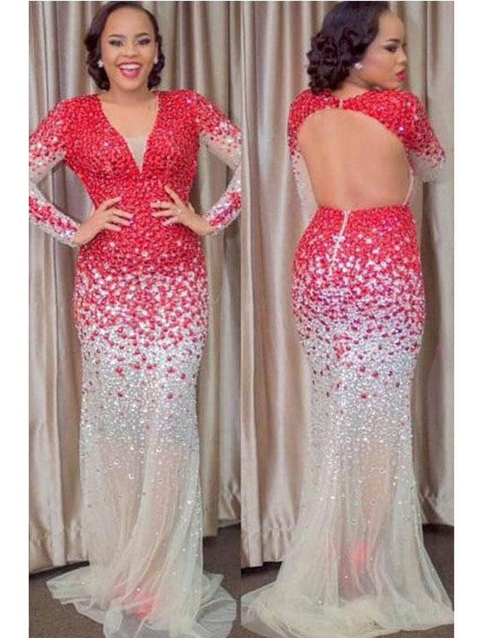 Sheath V-neck Long Sleeves With Beading Sweep/Brush Train Tulle Plus Size Prom Dress
