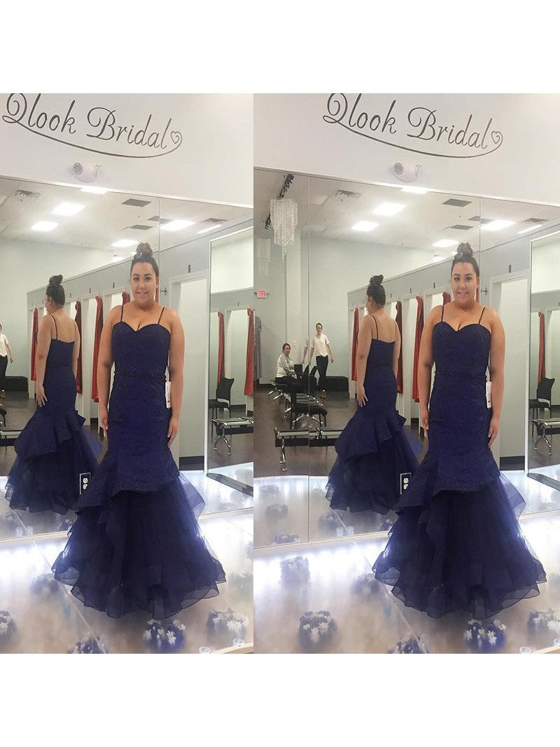 Mermaid Spaghetti Straps Sleeveless With Ruched Floor-Length Tulle Plus Size Prom Dress