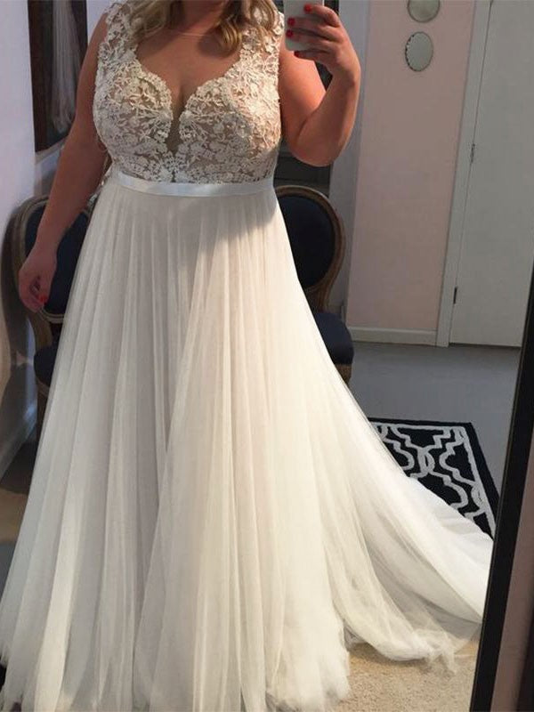 A-Line Straps Sleeveless With Applique Sweep/Brush Train Tulle Plus Size Prom Dress