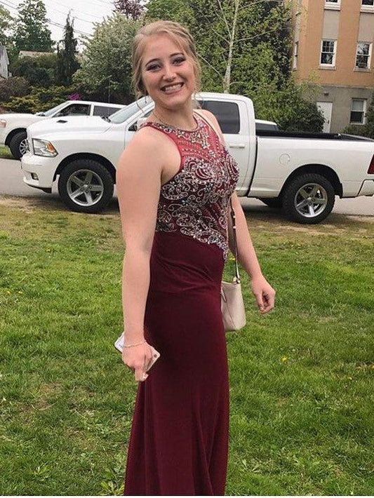Sheath Sheer Neck Sleeveless With Beading Floor-Length Elastic Woven Satin Plus Size Prom Dress