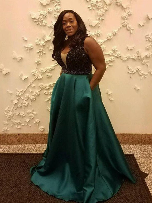 A-Line Straps Sleeveless With Beading Sweep/Brush Train Satin Plus Size Prom Dress