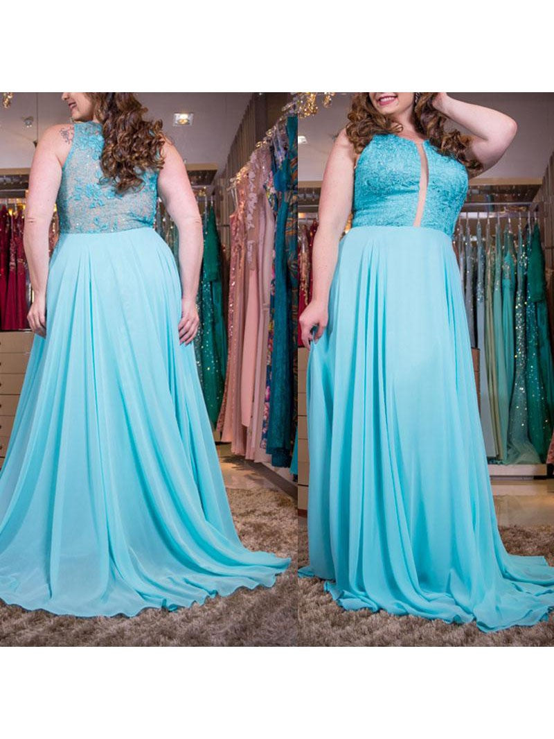 A-Line Scoop Sleeveless With Applique Sweep/Brush Train Chiffon Plus Size Prom Dress