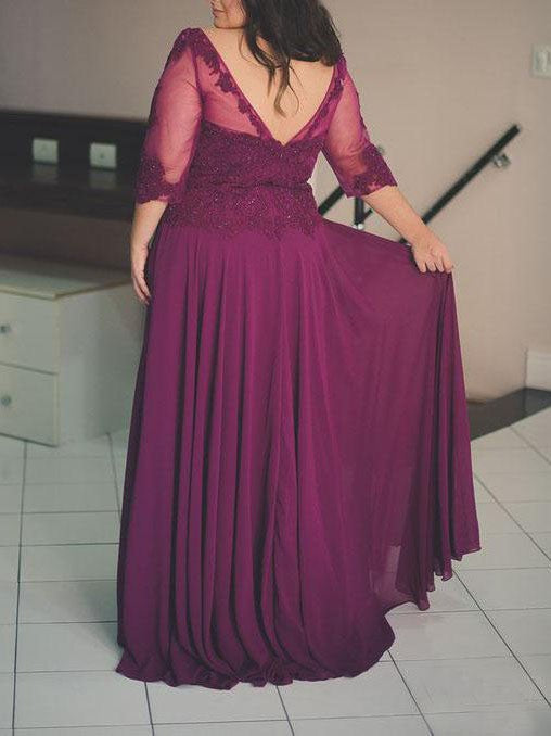 A-Line Bateau 1/2 Sleeves With Applique Floor-Length Chiffon Plus Size Mother of the Bride Dress