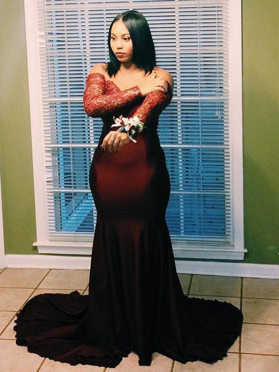 Mermaid Off-the-Shoulder Long Sleeves With Applique Court Train Elastic Woven Satin Plus Size Prom Dress