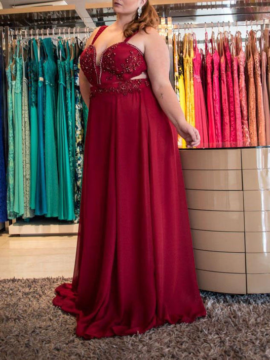 A-Line Straps Sleeveless With Beading Sweep/Brush Train Chiffon Plus Size Prom Dress