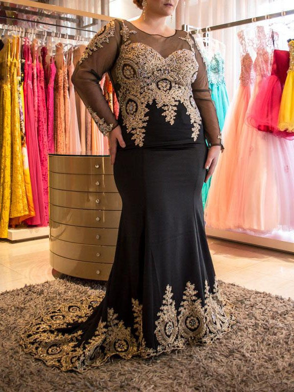 Mermaid Sheer Neck Long Sleeves With Applique Sweep/Brush Train Chiffon Plus Size Prom Dress