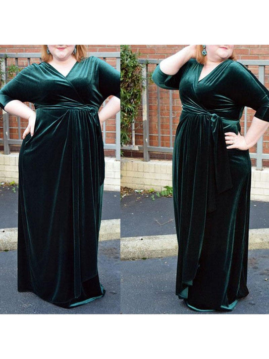 Sheath V-neck 1/2 Sleeves With Ruched Floor-Length Velvet Plus Size Prom Dress
