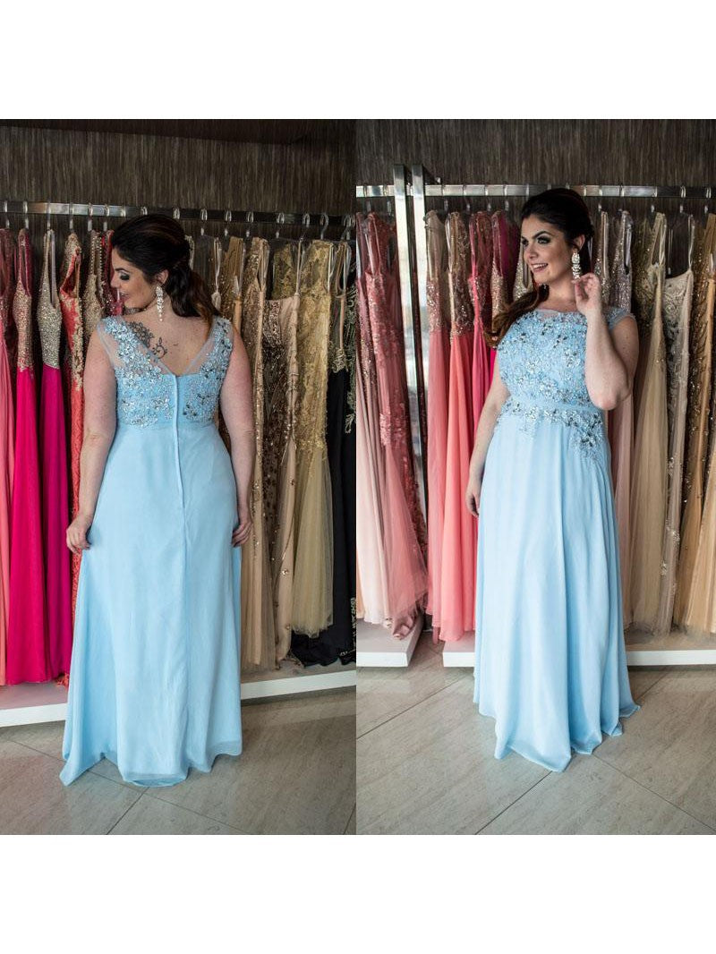 A-Line Bateau Sleeveless With Beading Floor-Length Chiffon Plus Size Prom Dress