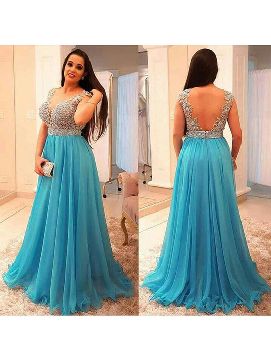 A-Line V-neck Sleeveless With Beading Floor-Length Chiffon Plus Size Prom Dress