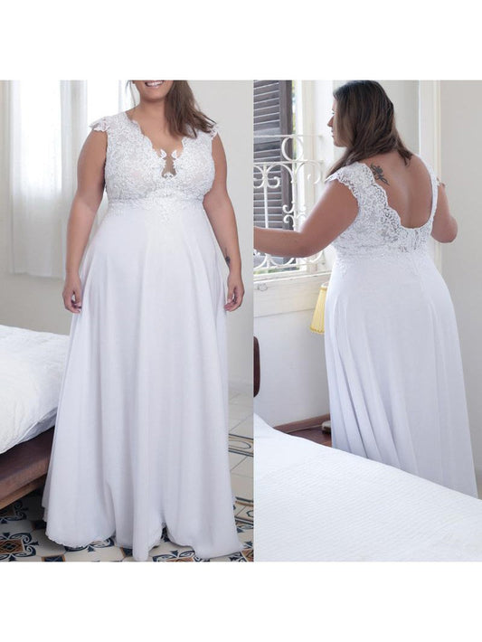 A-Line V-neck Sleeveless With Applique Floor-Length Chiffon Plus Size Prom Dress