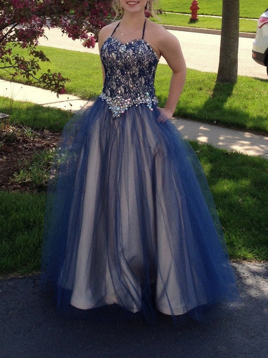 Ball Gown Halter Sleeveless With Beading Floor-Length Tulle Plus Size Prom Dress