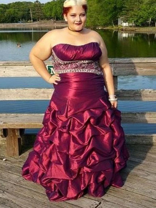 A-Line Strapless Sleeveless With Beading Floor-Length Taffeta Plus Size Prom Dress