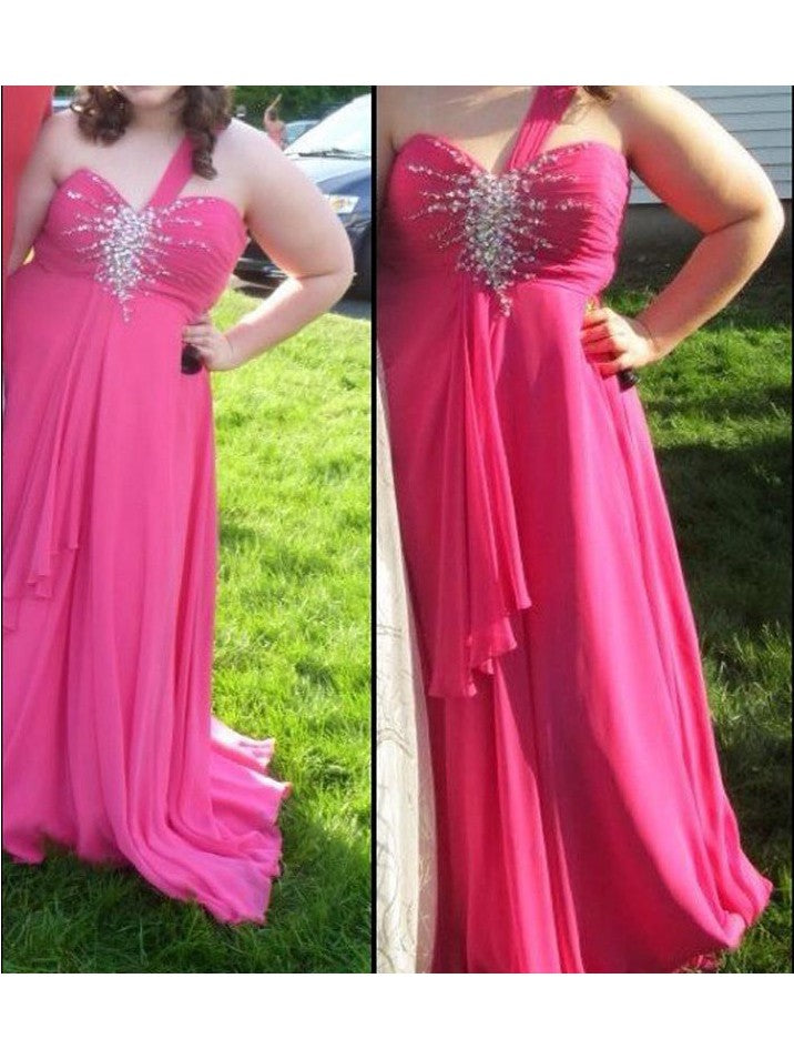 A-Line One-Shoulder Sleeveless With Beading Floor-Length Chiffon Plus Size Prom Dress