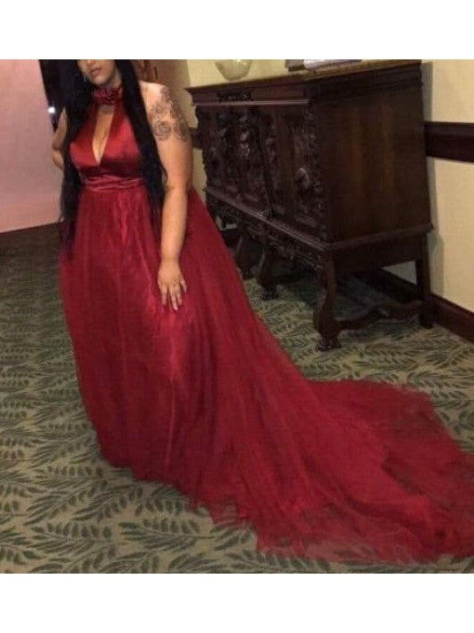 A-Line Halter Sleeveless With Ruched Court Train Tulle Plus Size Prom Dress