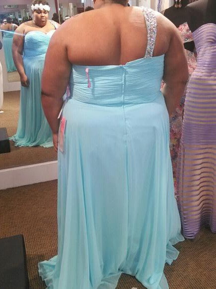 A-Line One-Shoulder Sleeveless With Beading Floor-Length Chiffon Plus Size Prom Dress