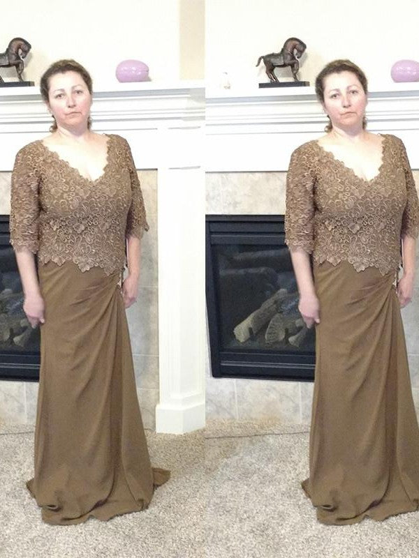 Sheath V-neck 1/2 Sleeves With Applique Sweep/Brush Train Chiffon Mother of the Bride Dress