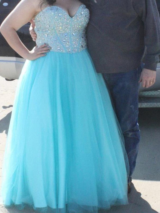 A-Line Sweetheart Sleeveless With Beading Floor-Length Tulle Plus Size Prom Dress
