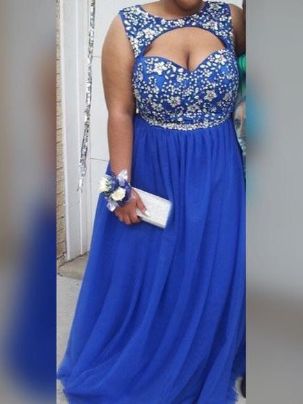 A-Line Scoop Sleeveless With Beading Floor-Length Tulle Plus Size Prom Dress