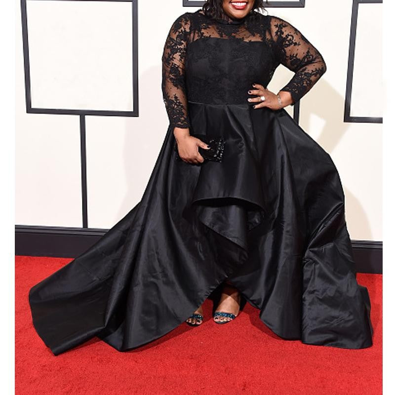 A-Line Sheer Neck Long Sleeves With Applique Asymmetrical Satin Plus Size Prom Dress