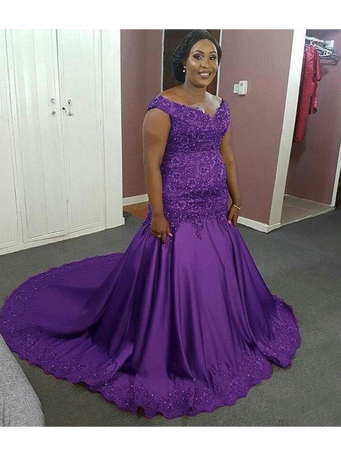 Mermaid V-neck Sleeveless With Beading Court Train Satin Plus Size Prom Dress