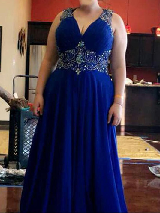 A-Line V-neck Sleeveless With Beading Floor-Length Chiffon Plus Size Prom Dress