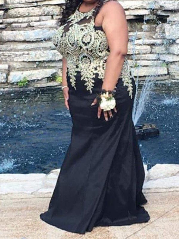 Mermaid Scoop Sleeveless With Applique Sweep/Brush Train Chiffon Plus Size Prom Dress