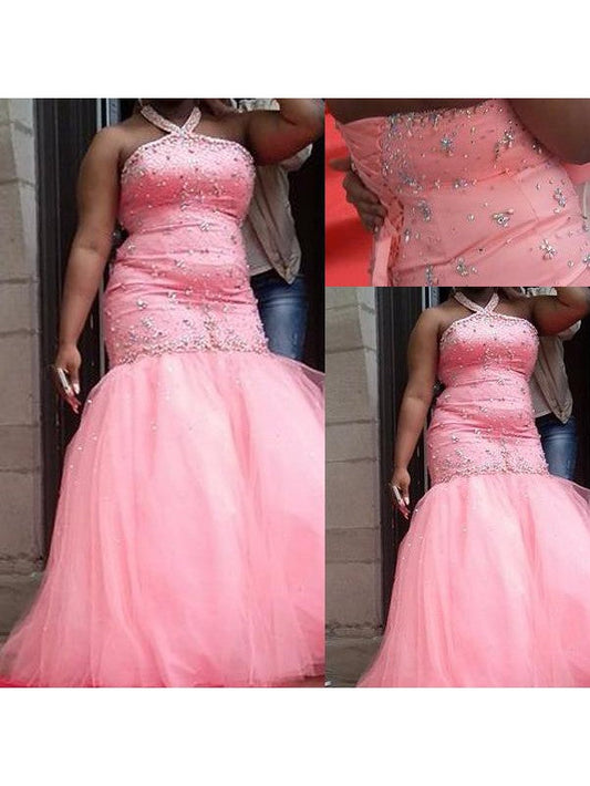 Mermaid Halter Sleeveless With Beading Floor-Length Tulle Plus Size Prom Dress