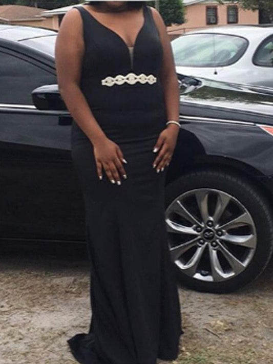 Sheath V-neck Sleeveless With Sash/Ribbon/Belt Sweep/Brush Train Stretch Crepe Plus Size Prom Dress