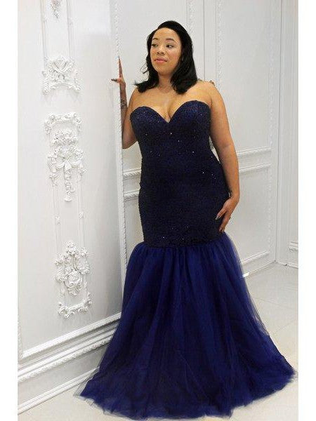 Mermaid Sweetheart Sleeveless Sequin Floor-Length Tulle Plus Size Prom Dress