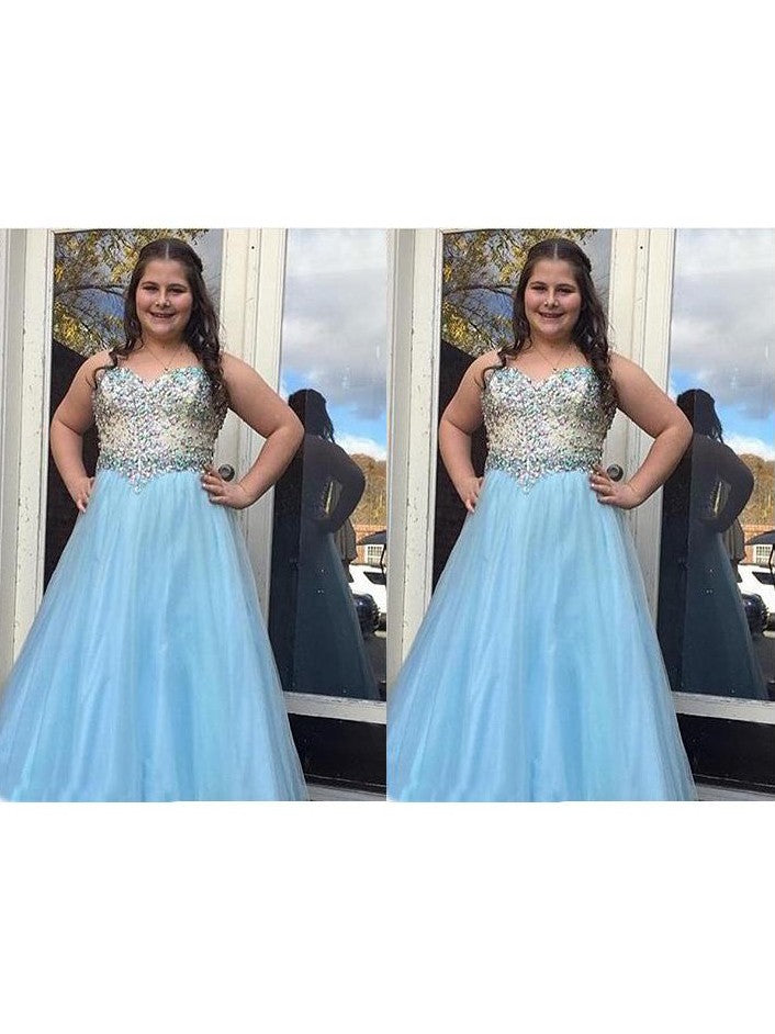 A-Line Sweetheart Sleeveless With Beading Floor-Length Tulle Plus Size Prom Dress
