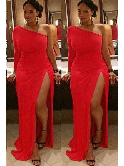 Sheath One-Shoulder Long Sleeves With Ruched Sweep/Brush Train Spandex Plus Size Prom Dress