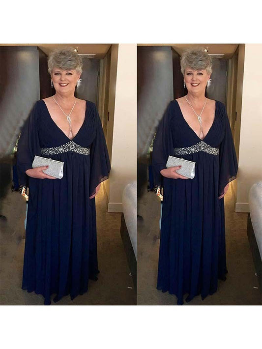 A-Line V-neck Long Sleeves With Beading Floor-Length Chiffon Mother of the Bride Dress